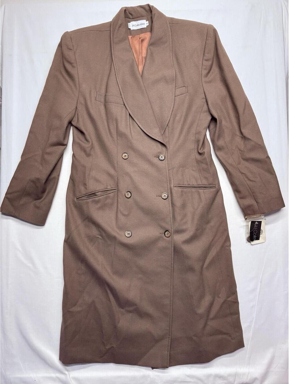 NWT Vintage 1980s Double Breasted JH Collectibles Brown Trench Coat 100% Wool 14